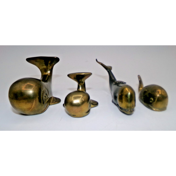 Lot of 4 Vintage Brass Whale fish Nautical Figurine Paperweights mermaid friends - Picture 2 of 16